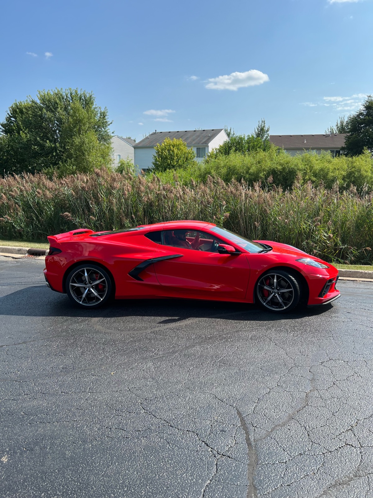 Red C8 Corvette side profile after exterior detail